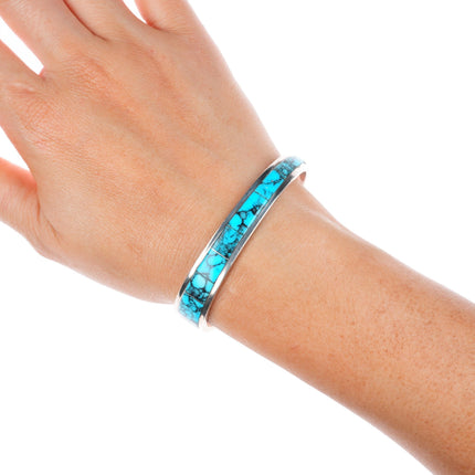 6.5" Richard Yazza Navajo sterling silver turquoise channel inlay cuff bracelet