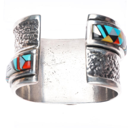6.7" Heavy vintage Navajo sterling silver inlay cuff bracelet w/ nice turquoise