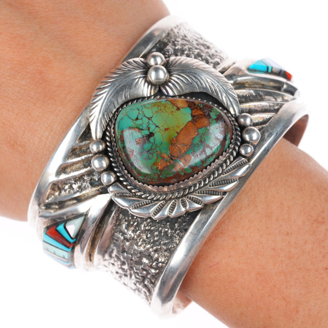 6.7" Heavy vintage Navajo sterling silver inlay cuff bracelet w/ nice turquoise