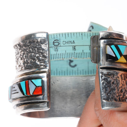 6.7" Heavy vintage Navajo sterling silver inlay cuff bracelet w/ nice turquoise