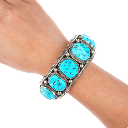 7.5" vintage Navajo big carinated sterling silver turquoise row cuff bracelet