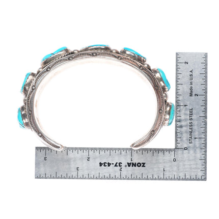 7.5" vintage Navajo big carinated sterling silver turquoise row cuff bracelet