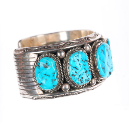 7.5" vintage Navajo big carinated sterling silver turquoise row cuff bracelet