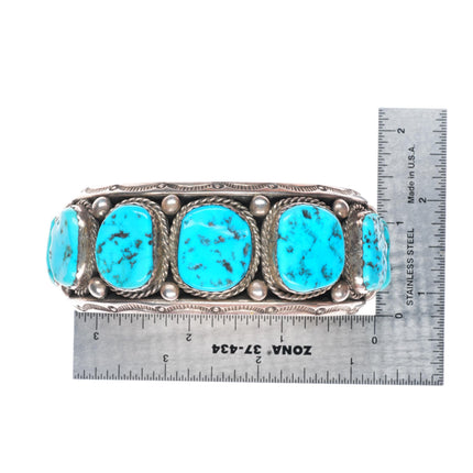 7.5" vintage Navajo big carinated sterling silver turquoise row cuff bracelet