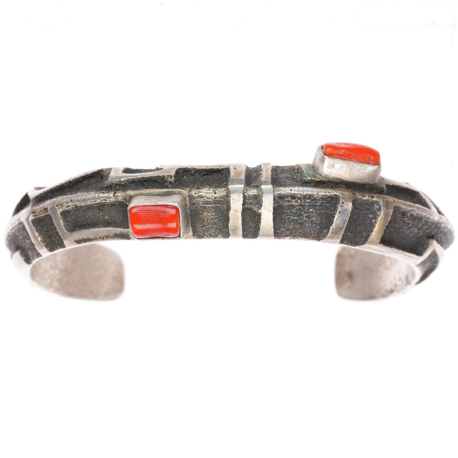 6.5" vintage Tufa Cast Native American sterling silver cuff bracelet with coral