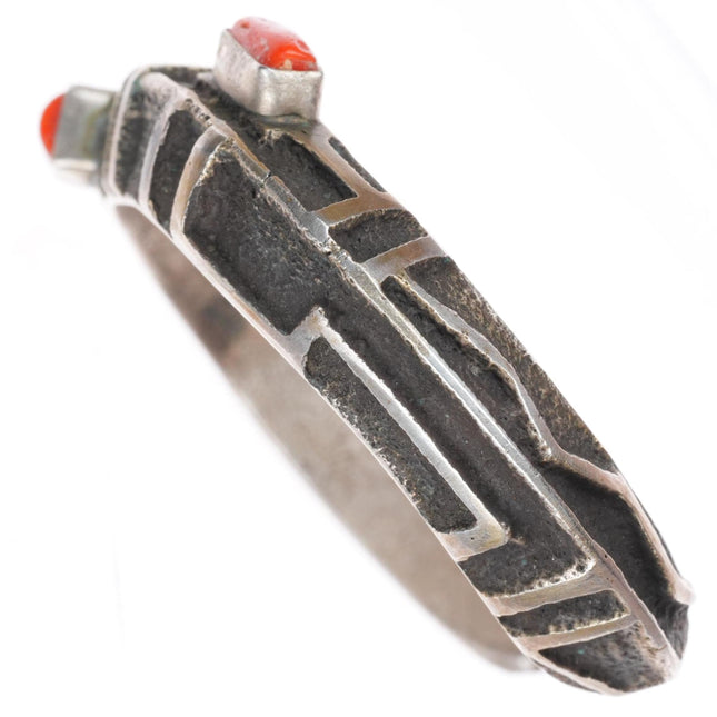 6.5" vintage Tufa Cast Native American sterling silver cuff bracelet with coral