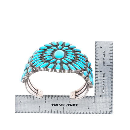 6.25" big vintage DQ Zuni sterling silver turquoise cluster cuff bracelet
