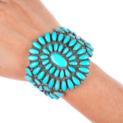 6.25" big vintage DQ Zuni sterling silver turquoise cluster cuff bracelet