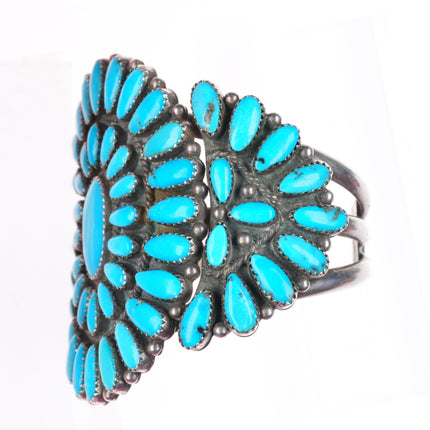 6.25" big vintage DQ Zuni sterling silver turquoise cluster cuff bracelet