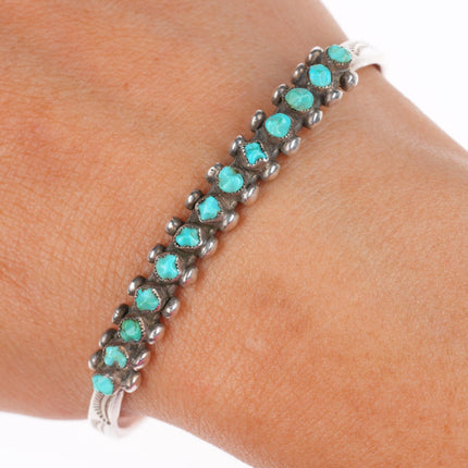 6.4" c1940's Vintage Zuni sterling silver carved turquoise row cuff bracelet