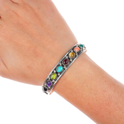 6.5" vintage GC Navajo sterling silver rainbow stone cuff bracelet