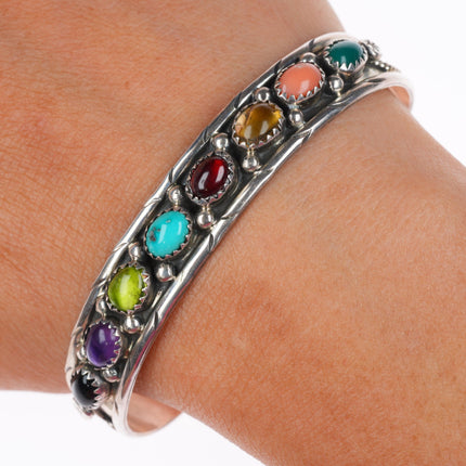 6.5" vintage GC Navajo sterling silver rainbow stone cuff bracelet