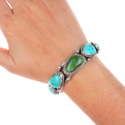 6.1" vintage Navajo sterling silver turquoise row cuff bracelet rope bezels