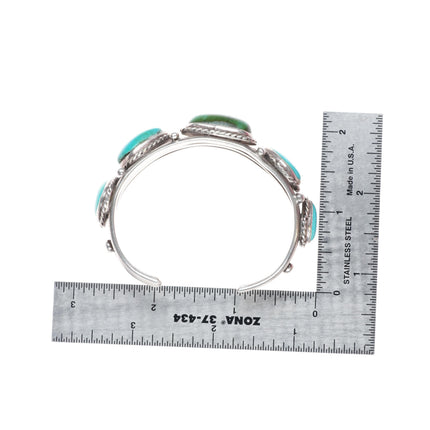 6.1" vintage Navajo sterling silver turquoise row cuff bracelet rope bezels
