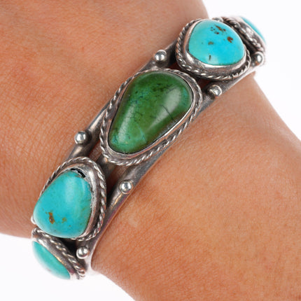 6.1" vintage Navajo sterling silver turquoise row cuff bracelet rope bezels