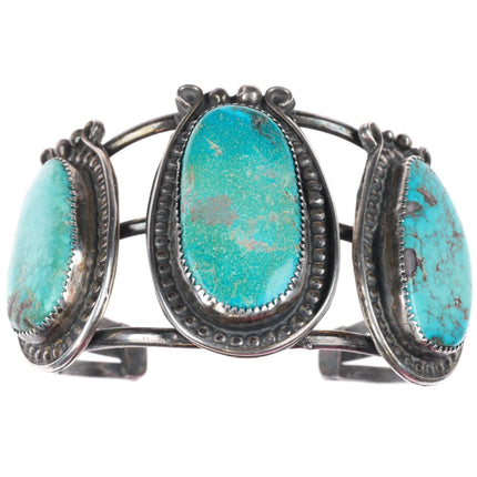 6.7" vintage Navajo large 3 stone turquoise sterling silver cuff bracelet