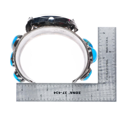7.1" heavy vintage Navajo sterling silver large watch cuff bracelet w/ turquoise