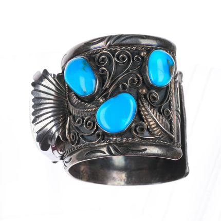 7.1" heavy vintage Navajo sterling silver large watch cuff bracelet w/ turquoise