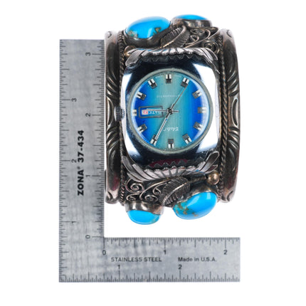 7.1" heavy vintage Navajo sterling silver large watch cuff bracelet w/ turquoise