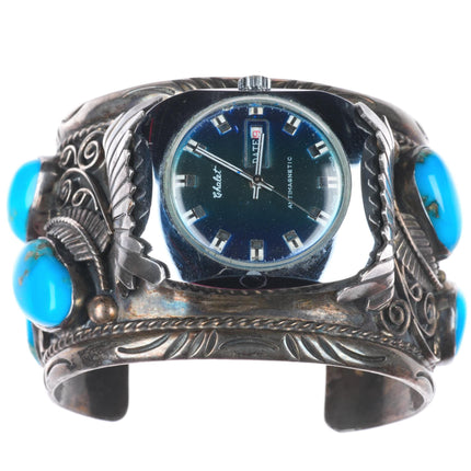 7.1" heavy vintage Navajo sterling silver large watch cuff bracelet w/ turquoise
