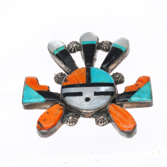 vintage Zuni sterling silver turquoise spiny oyster sunface kachina pin/brooch