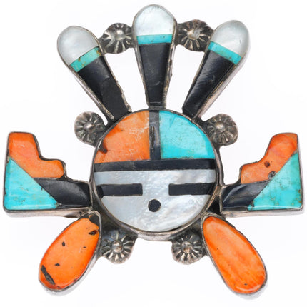 vintage Zuni sterling silver turquoise spiny oyster sunface kachina pin/brooch