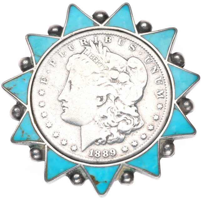 1940's-50's vintage Zuni sterling turquoise inlay 1889 silver dollar pin/brooch
