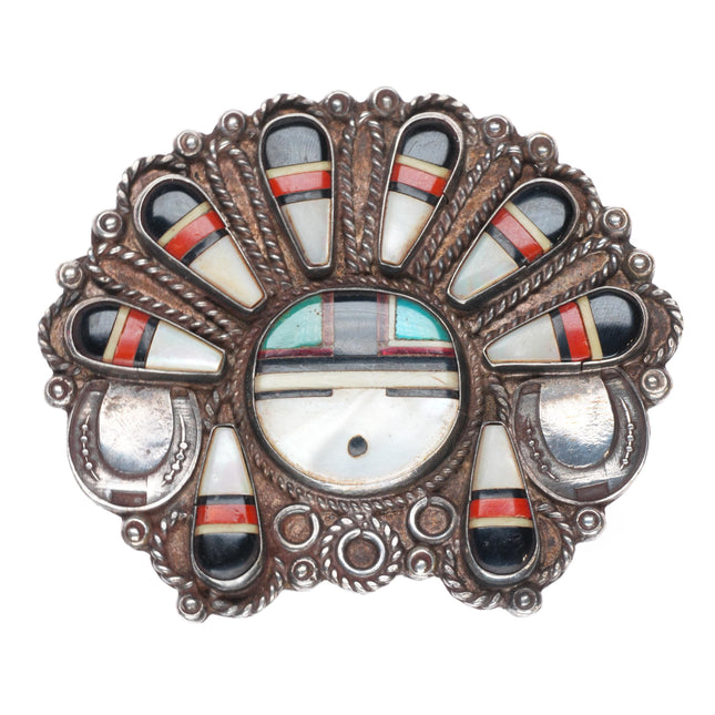 c1950 Large Zuni sterling silver mosaic inlay shell/turquoise/coral sunface pin
