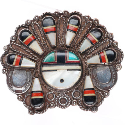 c1950 Large Zuni sterling silver mosaic inlay shell/turquoise/coral sunface pin