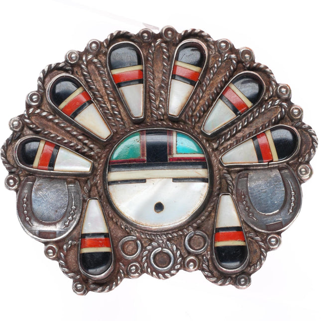 c1950 Large Zuni sterling silver mosaic inlay shell/turquoise/coral sunface pin