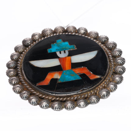 Large c1940 John Gordon Leekity Zuni sterling silver intarsia inlay pendant/pin