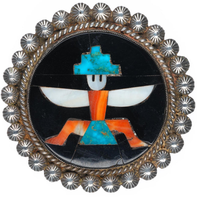 Large c1940 John Gordon Leekity Zuni sterling silver intarsia inlay pendant/pin