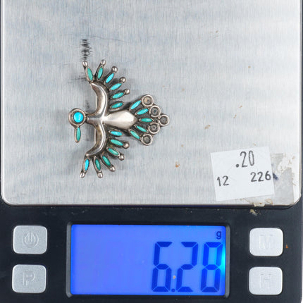 c1940 Vintage Zuni sterling silver needlepoint turquoise thunderbird pin/brooch