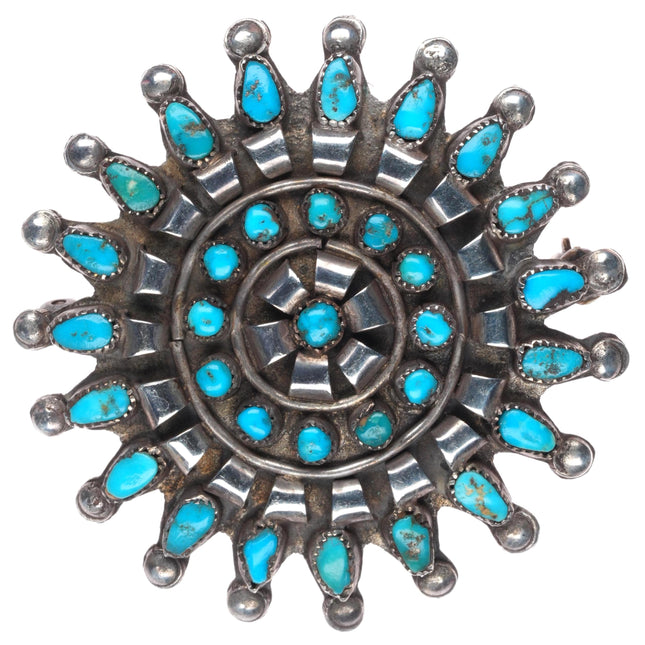 c1940 Vintage Zuni sterling silver petit point turquoise cluster pin/brooch