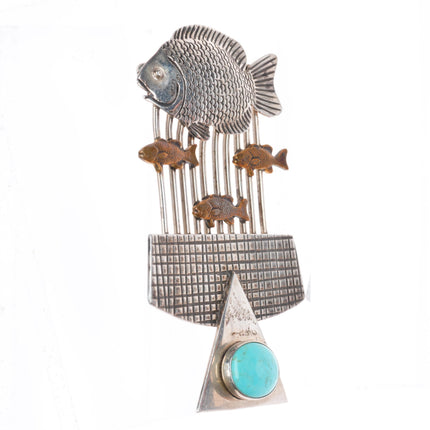 Large Courtney Peterson sterling silver/brass/turquoise fish pin/brooch