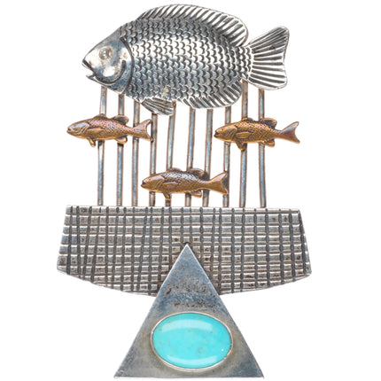 Large Courtney Peterson sterling silver/brass/turquoise fish pin/brooch