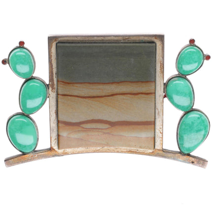 James Olson Southwestern sterling silver turquoise Picture Jasper cacti pin