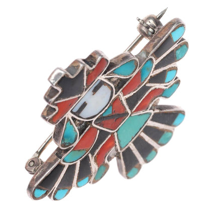 Frank Vacit Zuni sterling silver coral/turquoise mosaic inlay knifewing pin