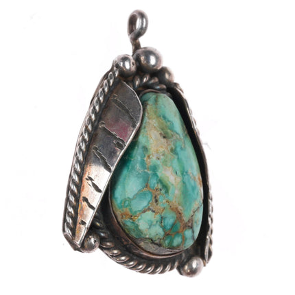 Vintage Navajo sterling silver turquoise pendant with side feathers