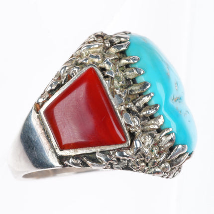 sz10 Lee & Mary Weebothee Zuni Sterling silver turquoise and coral men's ring
