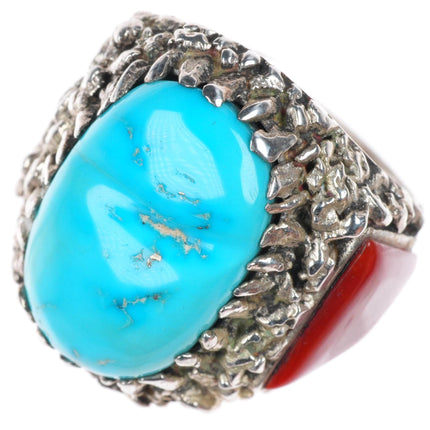 sz10 Lee & Mary Weebothee Zuni Sterling silver turquoise and coral men's ring