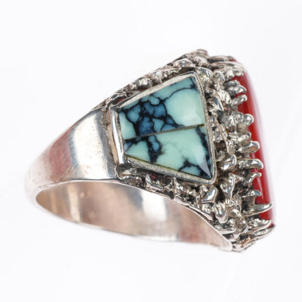 sz11.5 Lee & Mary Weebothee Zuni Sterling silver variscite and coral men's ring