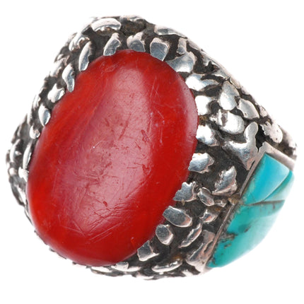 sz10 Lee & Mary Weebothee Zuni Sterling silver coral/turquoise inlay men's ring