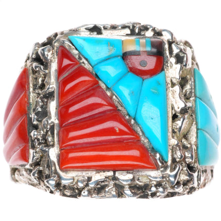 sz12 Lee & Mary Weebothee Zuni Sterling silver coral/turquoise inlay men's ring