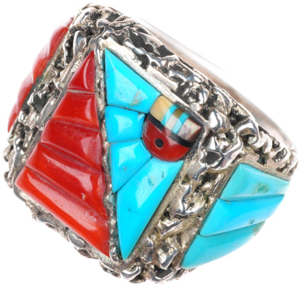 sz12 Lee & Mary Weebothee Zuni Sterling silver coral/turquoise inlay men's ring