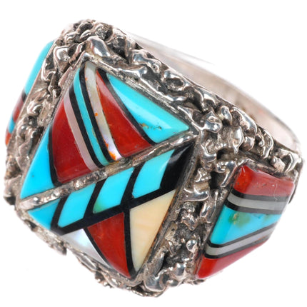 sz12 Lee & Mary Weebothee Zuni Sterling silver coral/turquoise/shell men's ring