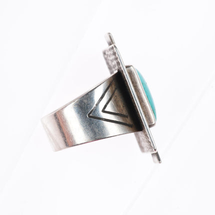 sz10 retro southwestern sterling silver turquoise ring with stamped design