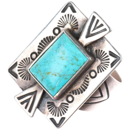 sz10 retro southwestern sterling silver turquoise ring with stamped design