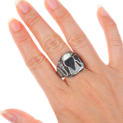 sz9 vintage Zuni sterling silver channel inlay eagle ring with snakes on sides