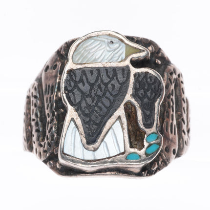 sz9 vintage Zuni sterling silver channel inlay eagle ring with snakes on sides